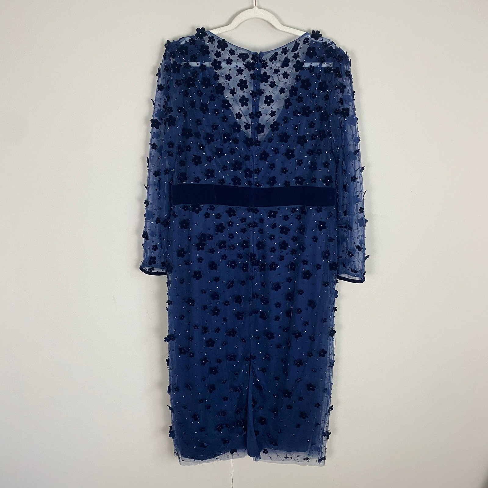 Mac Duggal 3D Floral Beaded Cocktail Dress Womens 18 Navy Blue Velvet Sheer