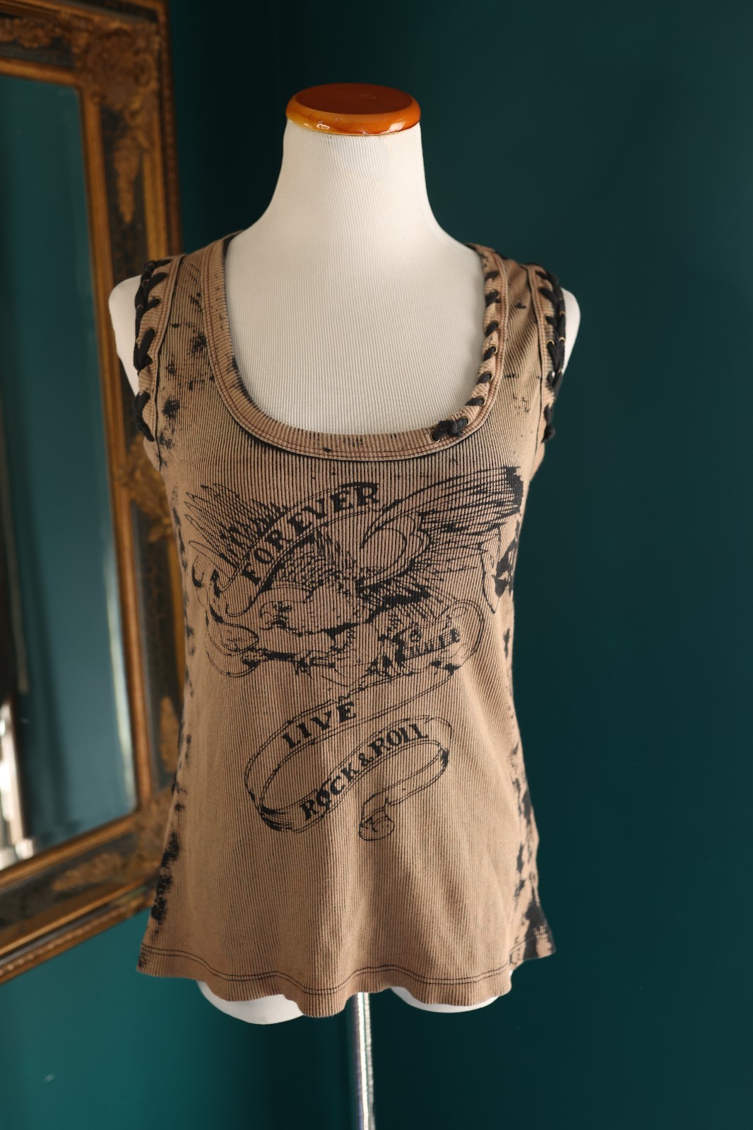 Vintage RXB Y2K Lace Tie Dye Grunge Tattoo Emo Mall Goth Brown Tank Top Large