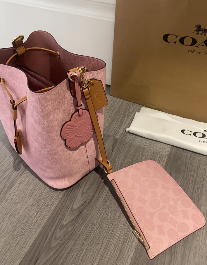 NWT Coach CEA23 Rowan Bucket Bag In Signature Canvas With Charms Powder Pink