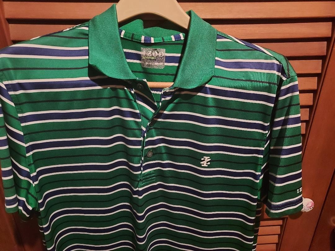 Izod Polo Shirt Mens Large Blue Green White Striped Golf Casual Short Sleeve