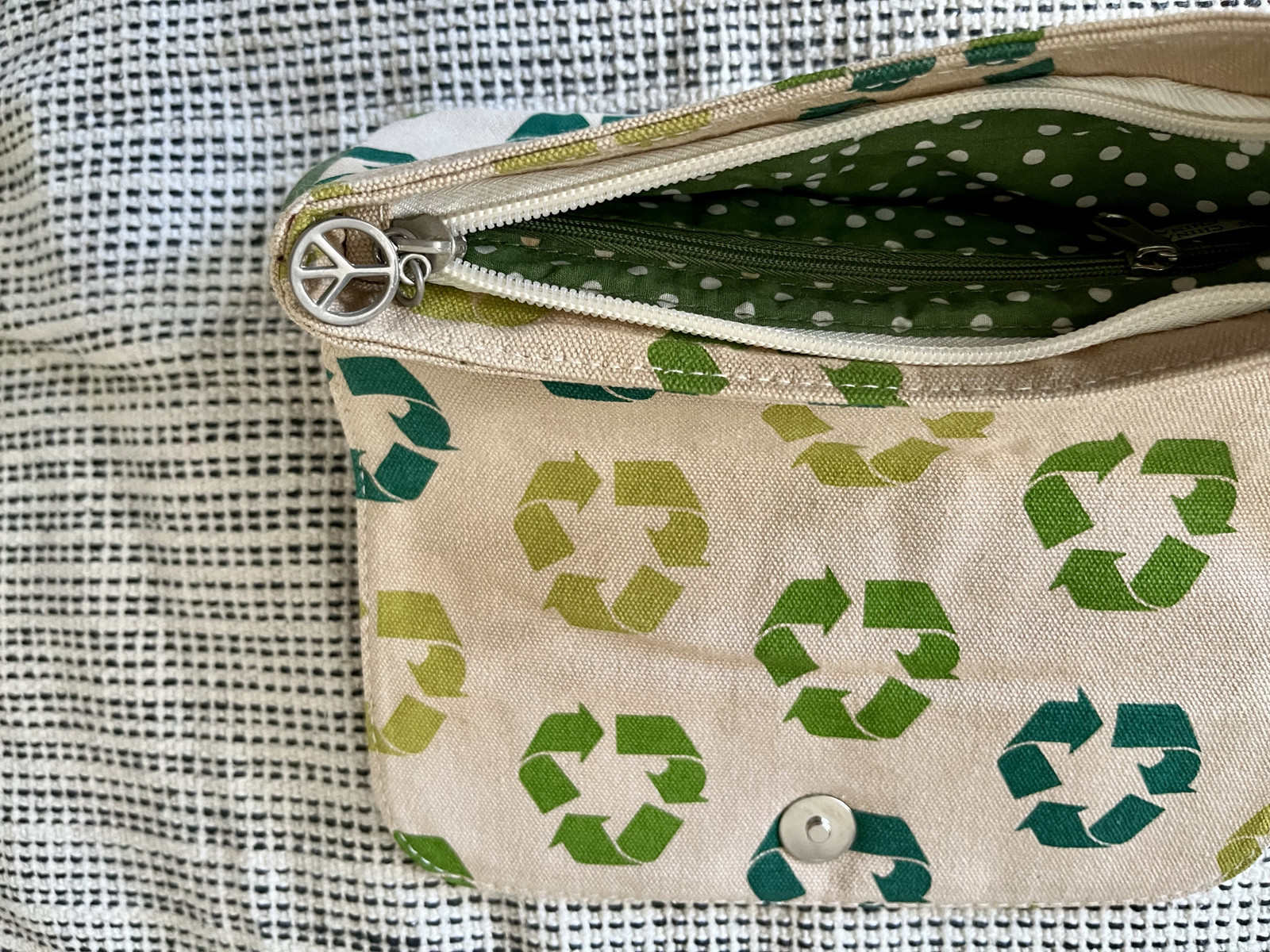 Bungalow 360 Wristlet Clutch, Hand Strap, Canvas, Recycle Logo Print, Peace Pull