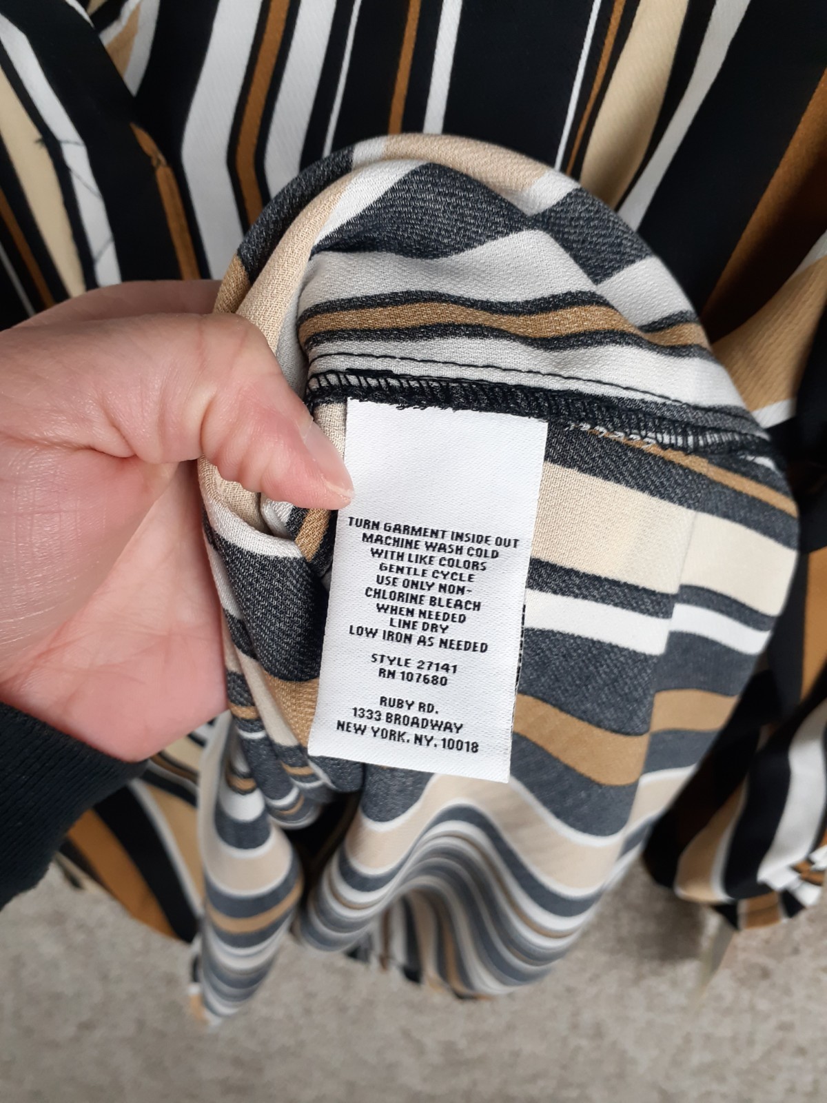 Ruby Rd Popover Collard Blouse Womens M Brown Black Stripe Roll Tab Sleeve NWT