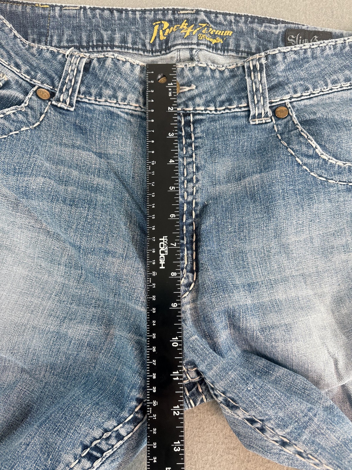 Wrangler Rock 47 Denim Jeans Mens 38×36 Light Wash Blue Slim Bootcut Distressed