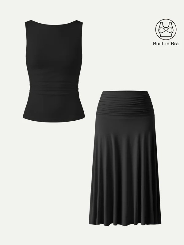 OGL 2Pcs Set Open Back Bra Tank & Side Ruched A-line Midi Skirt – Free SHIPPING!