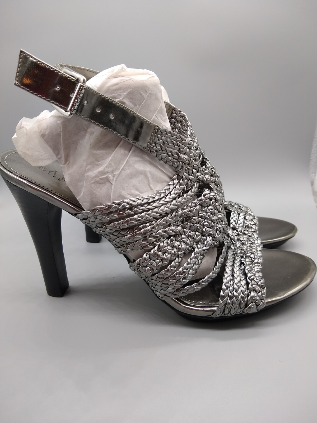 Ralph Lauren Silver Leather Braided High Heel Sandals Size 9B