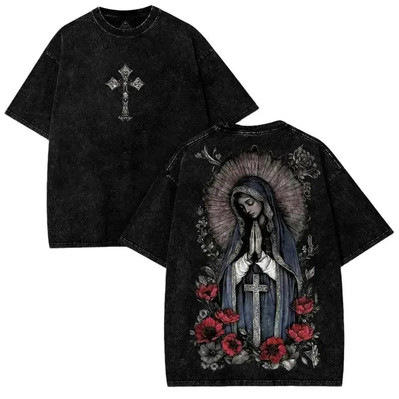 Virgin Mary Graphic Tee Vintage Oversized T shirt Men Women Streetwear GothicX
