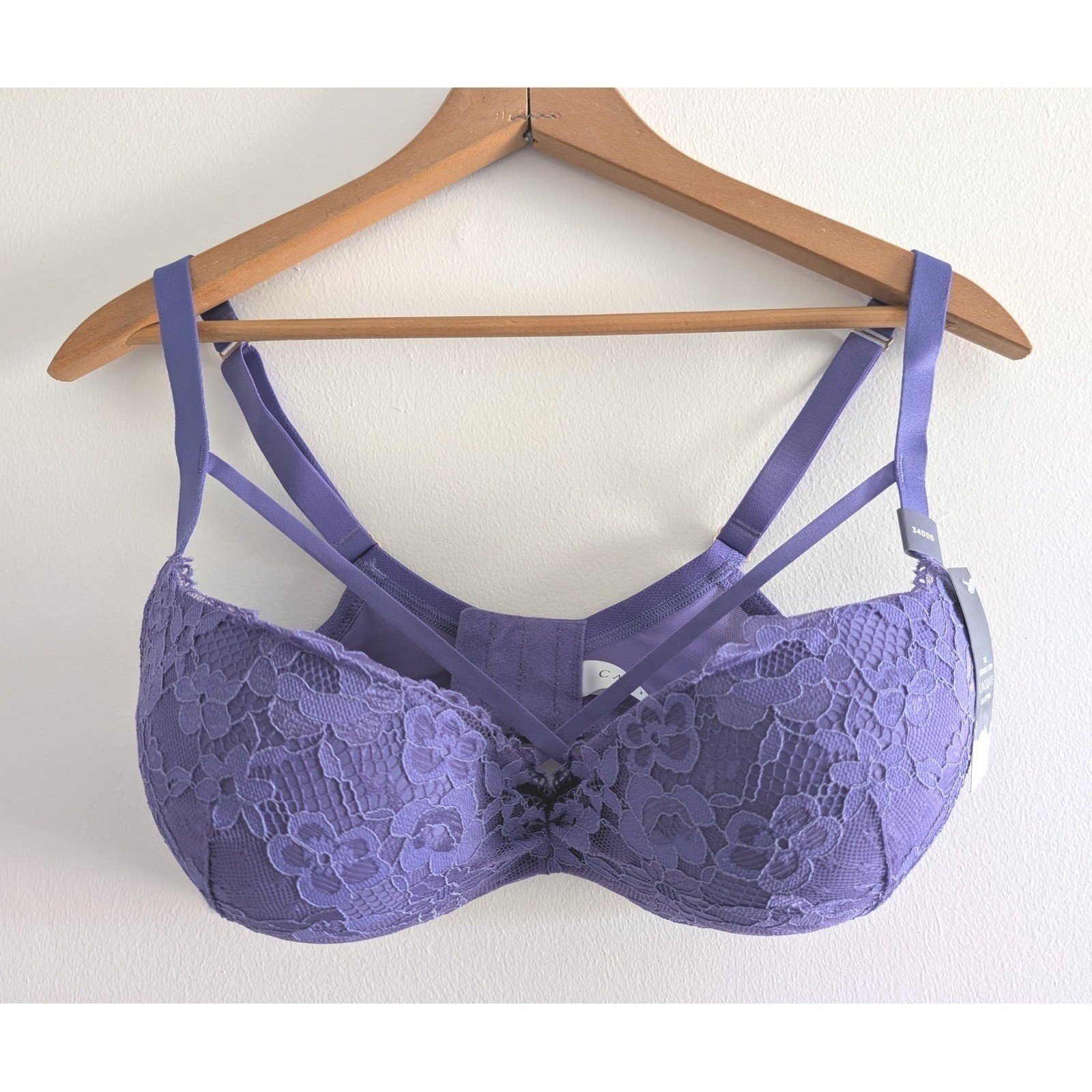 NWT Cacique Max Boost Plunge Bra 34DDD Purple Floral Lace Strappy Underwire