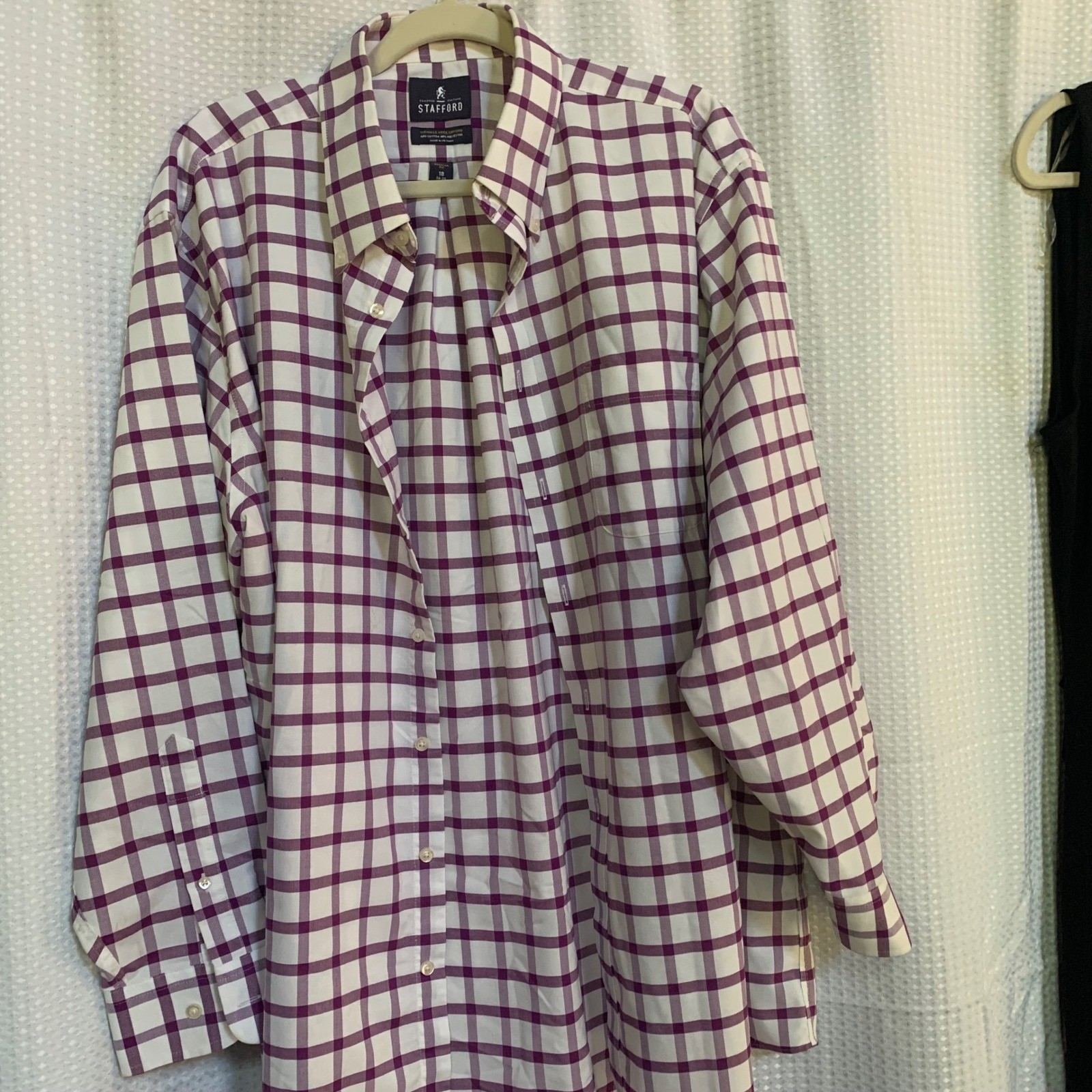 Stafford Purple White Check Wrinkle Free Oxford Shirt Regular Fit 18 34-35 Mens
