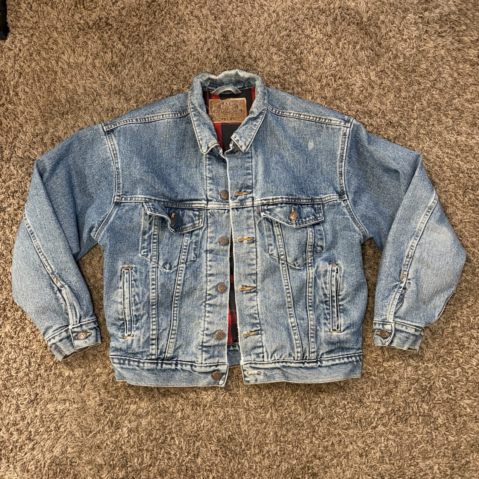 Vtg Levis Denim Trucker Jacket Buffalo Plaid Flannel Lined Sz S 80s