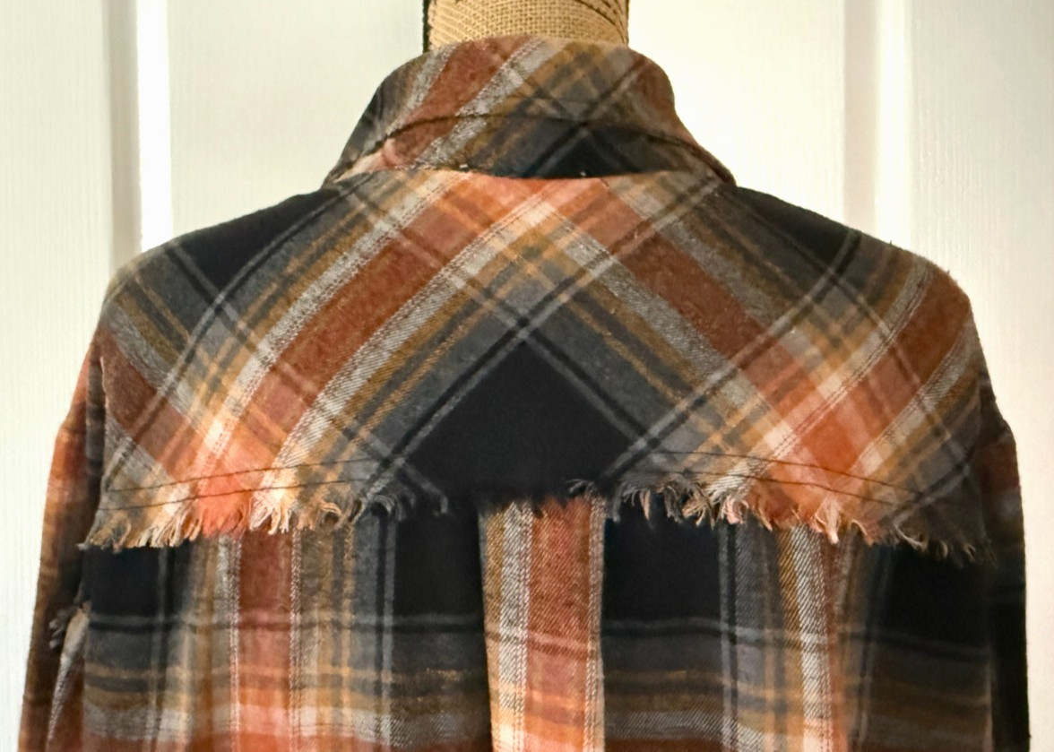 Umgee Button Up Long Sleeve Flannel Brown Plaid Distressed Fringe Boho XL