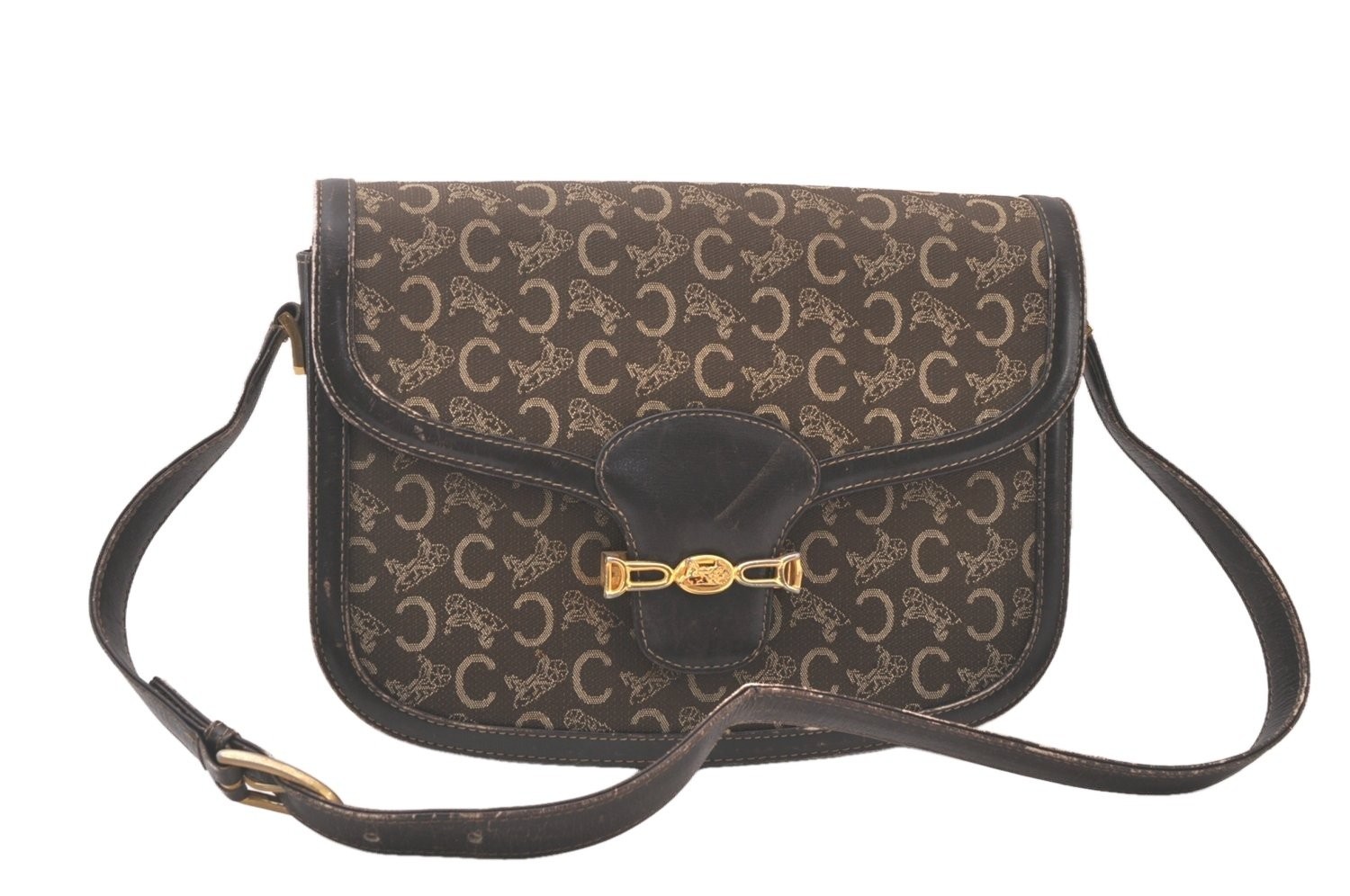 Authentic CELINE C Macadam Carriage Shoulder Bag Canvas Leather Brown 543AA