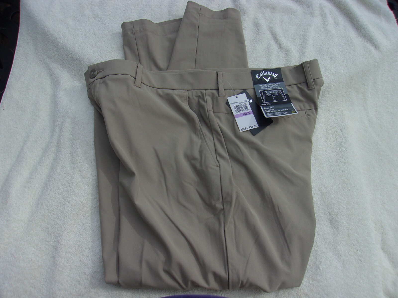 NWT Callaway poly. blend golf pants, men’s 38 x 30, green, or dark khaki, $96