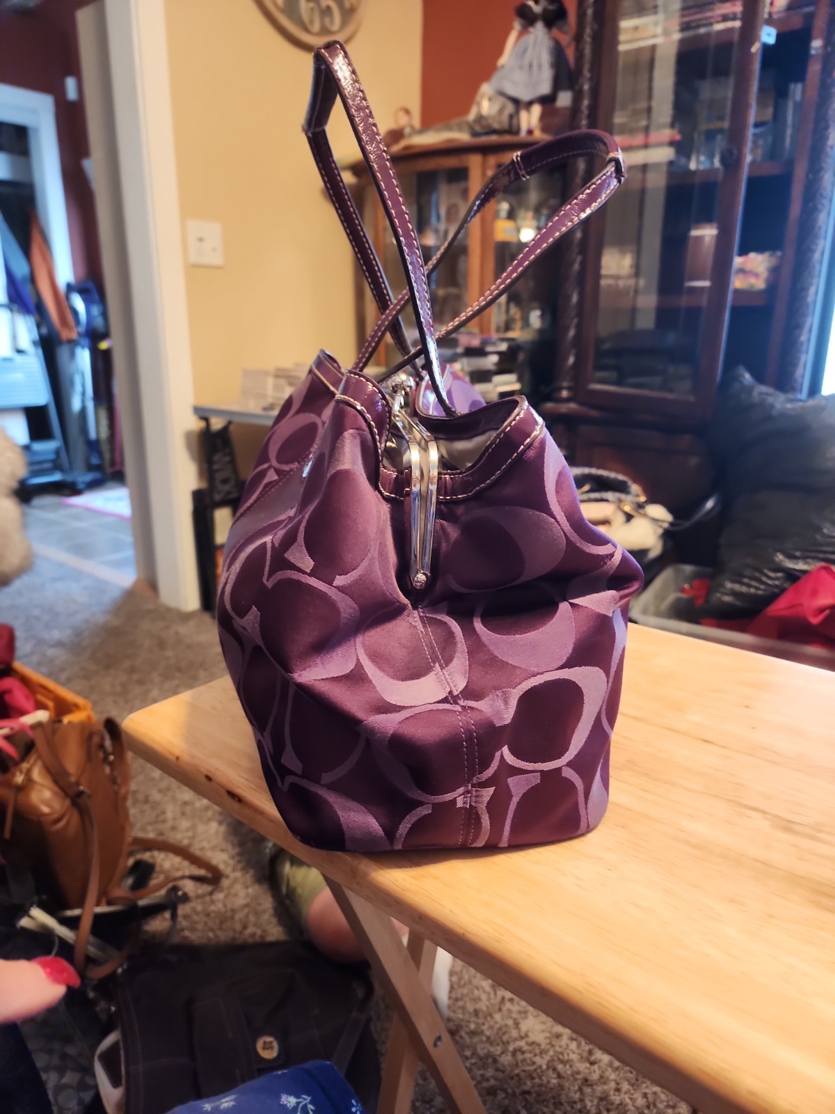 Coach Signature Jacquard Kisslock Tote Bag Purple 20105 Leather Trim