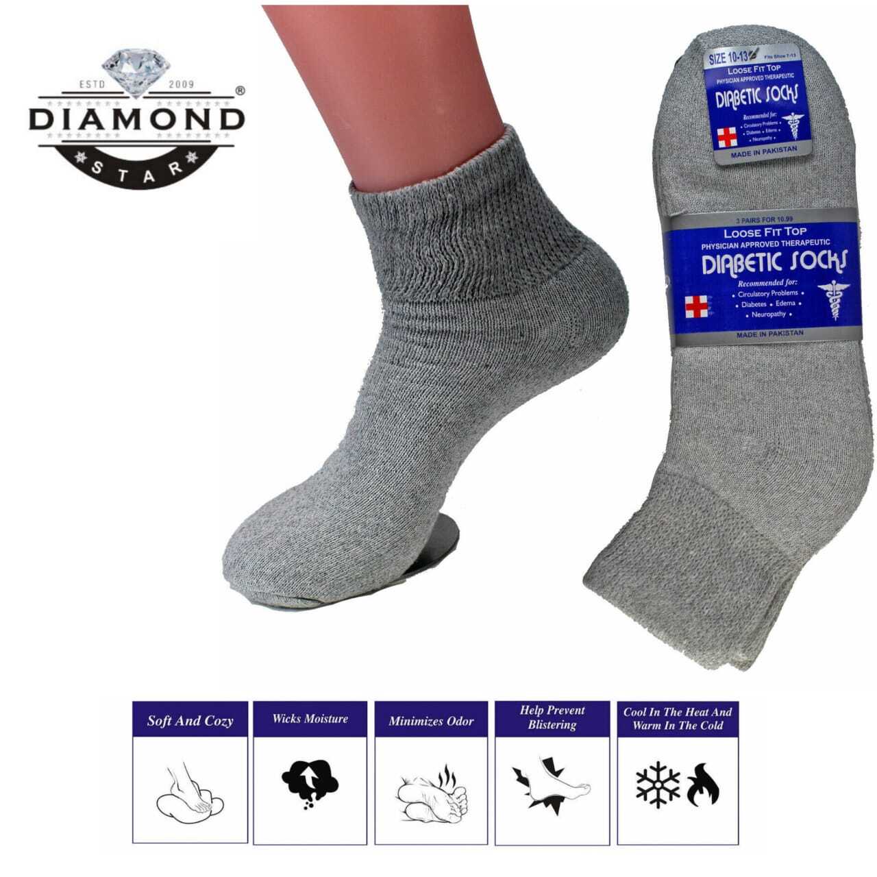 3 Pairs Men’s Grey Diabetic Ankle Quarter Crew Socks Health Circulatory Cotton