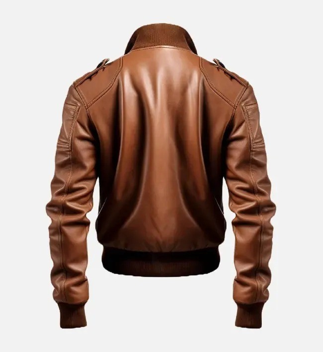 Men’s Brown Leather Bomber Jacket Ribbed Collar Cuffs Vintage Motorcycle Coat