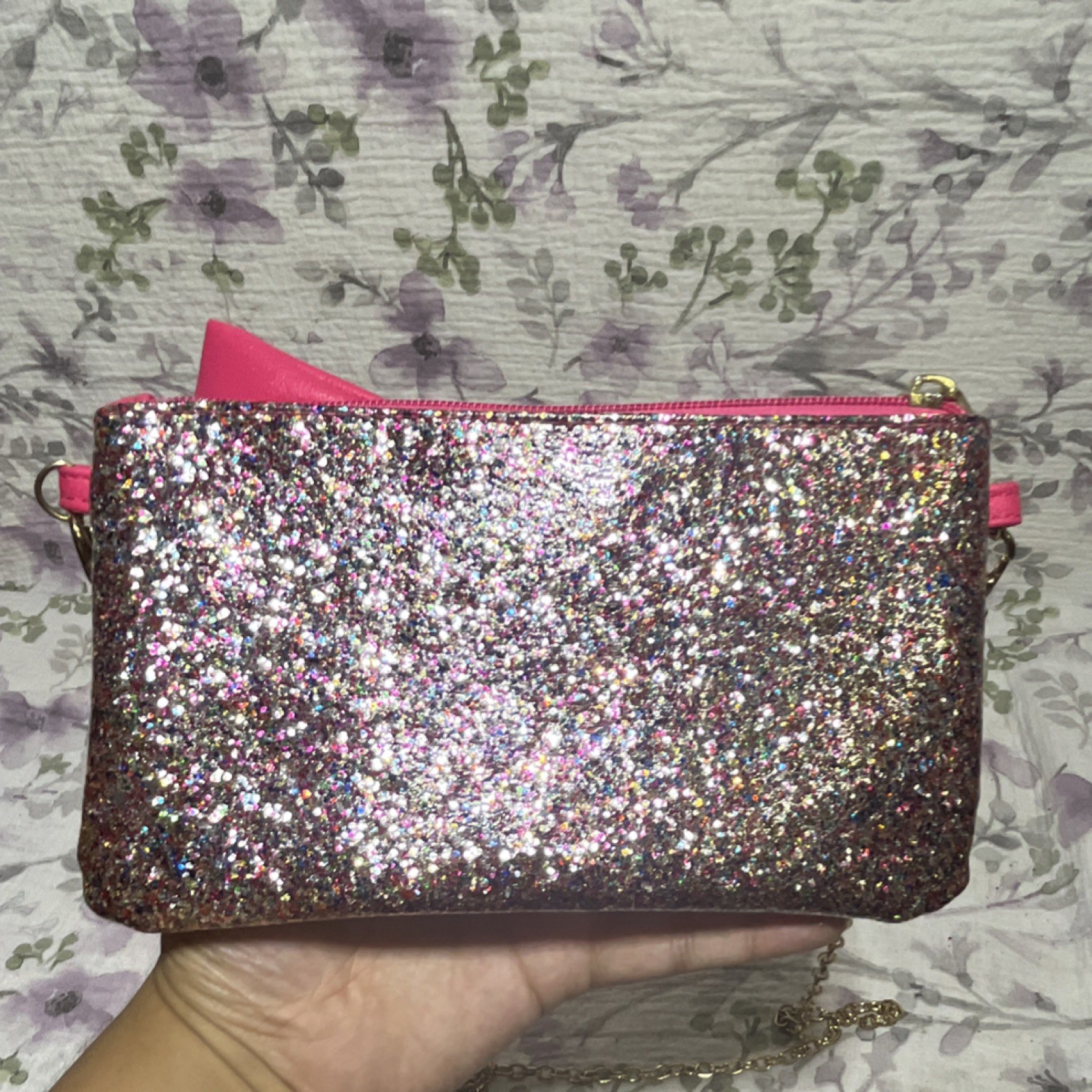Pink Glitter Bow Crossbody Clutch Zip Closure Gold Chain Strap Lined