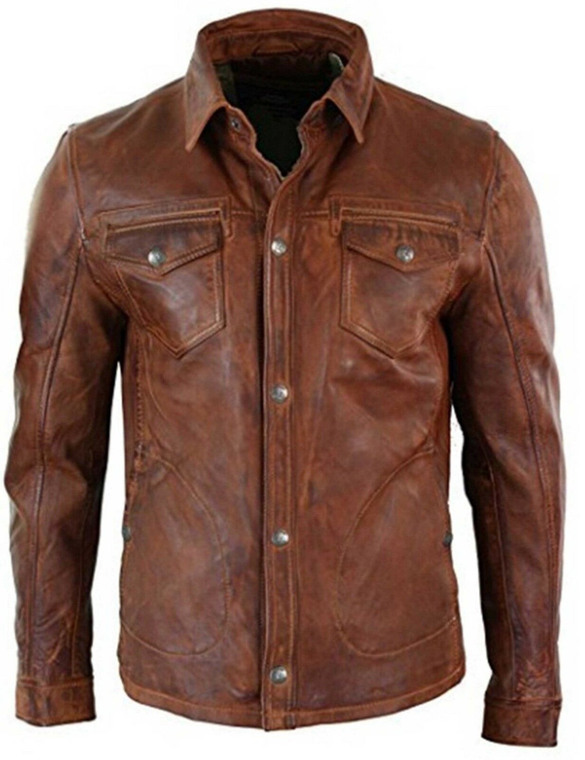 Mens Casual Vintage Distressed Brown Genuine Real Leather Shirt Button up Jacket