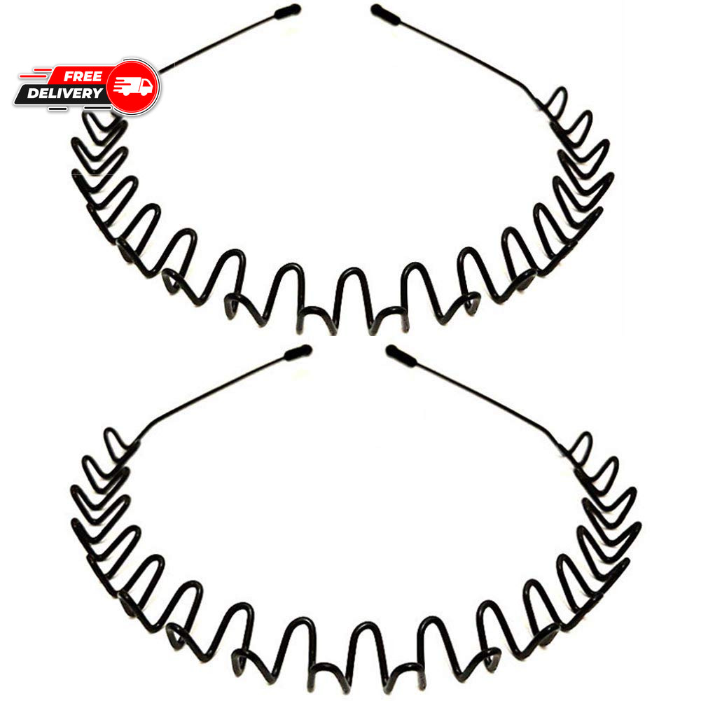 Metal Headbands, 2 Pack Fashion Unisex Black Hairband Spring Wave Non Slip Sport