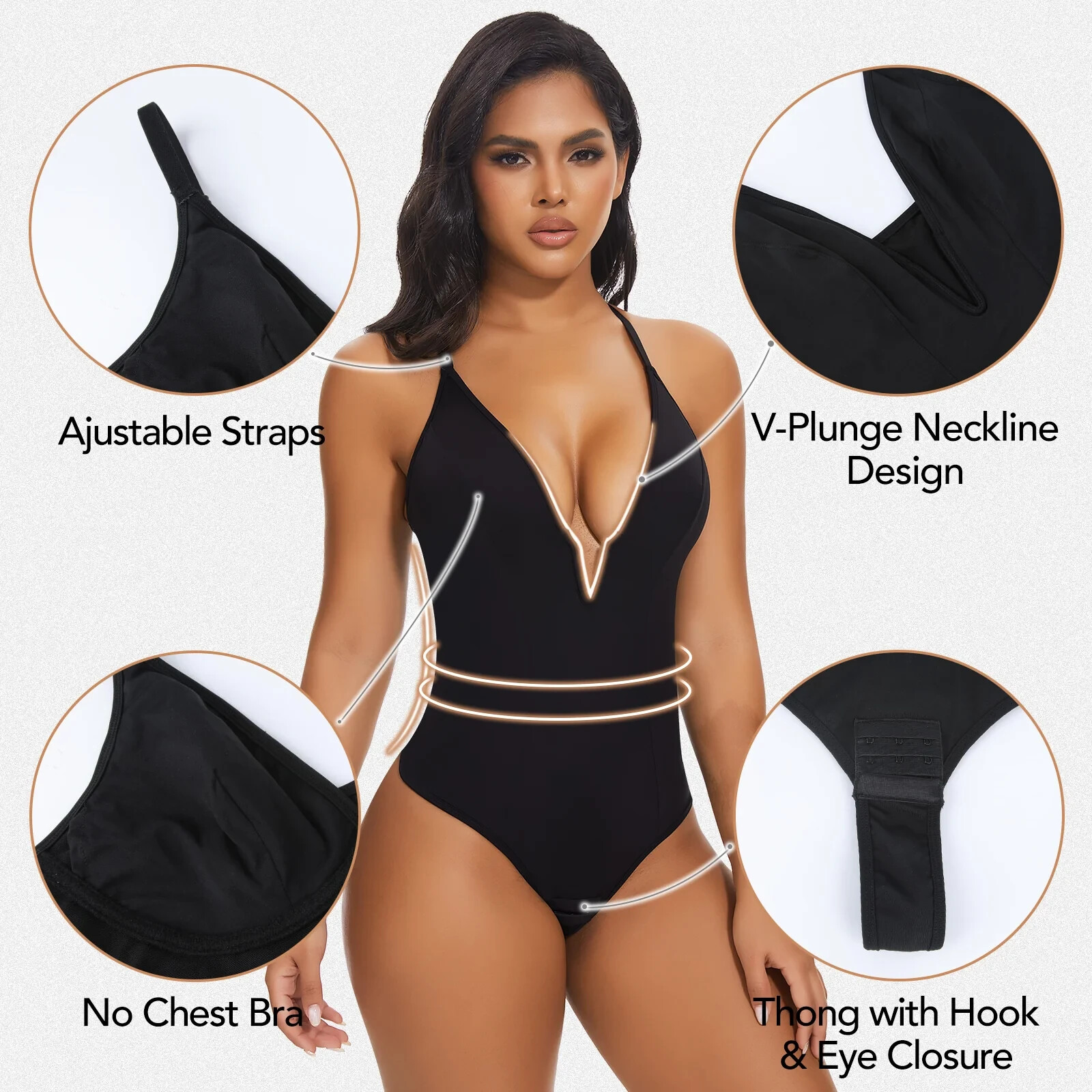 Shaperin Shapewear Bodysuit Deep V-Neck Thong, Black, Small
