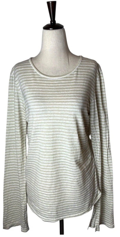 Frame Shirt Women Large Ivory Metallic Gold Striped Linen Blend Split Cuff Tee