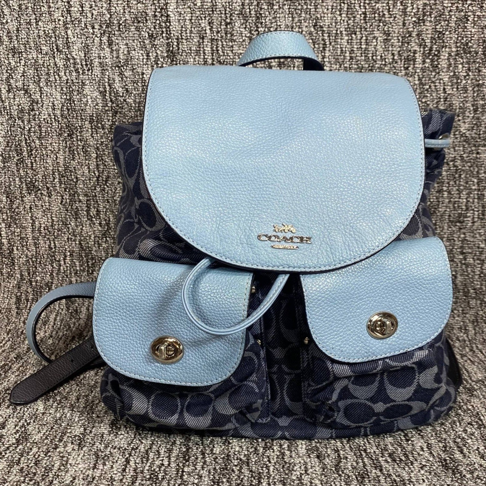Coach F25892 Billie Backpack Blue Signature Denim Pebble Leather Flap Bag