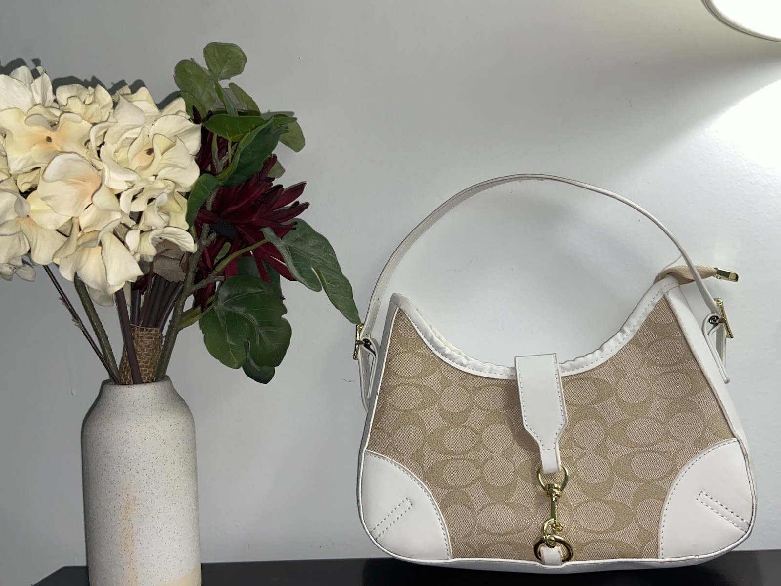Coach Signature Logo Crescent Shoulder Bag Beige White Zip Top Gold Hardware