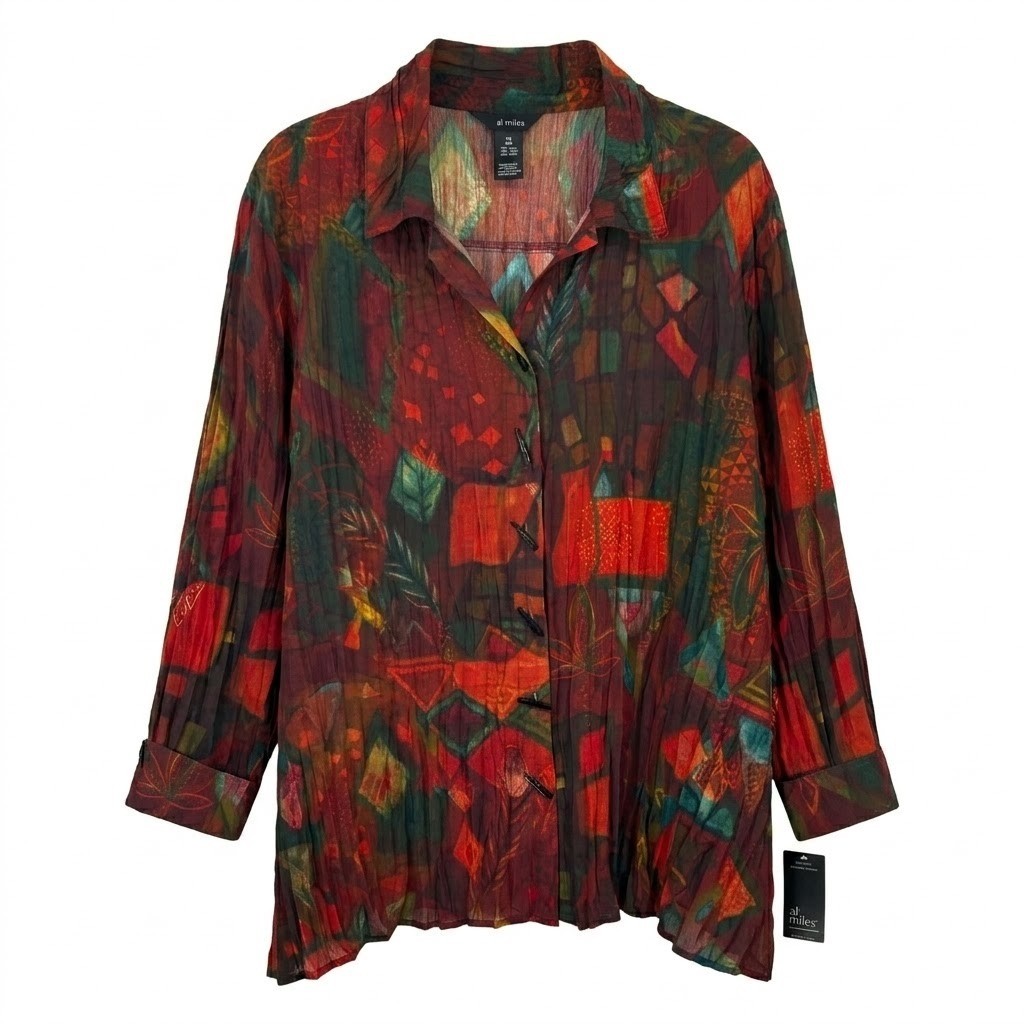 NEW Ali Miles Womens 3X Crinkle Toggle Button Down Shirt Red Orange Tunic – IW
