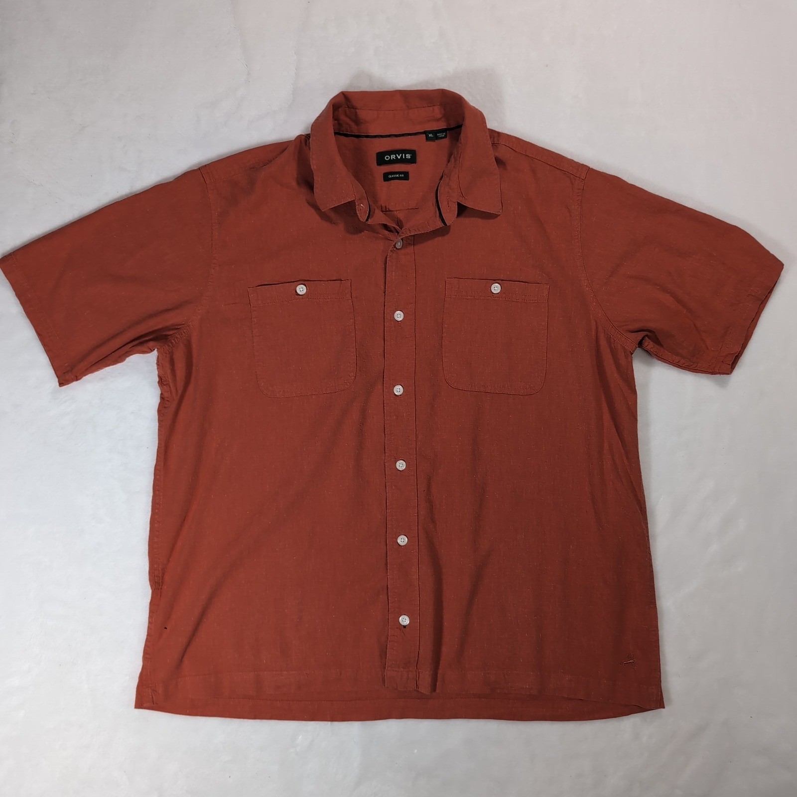Orvis Button Down Shirt Mens XL Burnt Orange Hemp Blend Short Sleeve Classic Fit