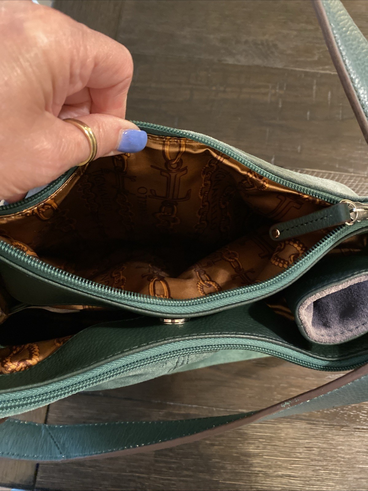 Tignanello Green Suede Leather Purse Shoulder Bag Zip Close Double Straps