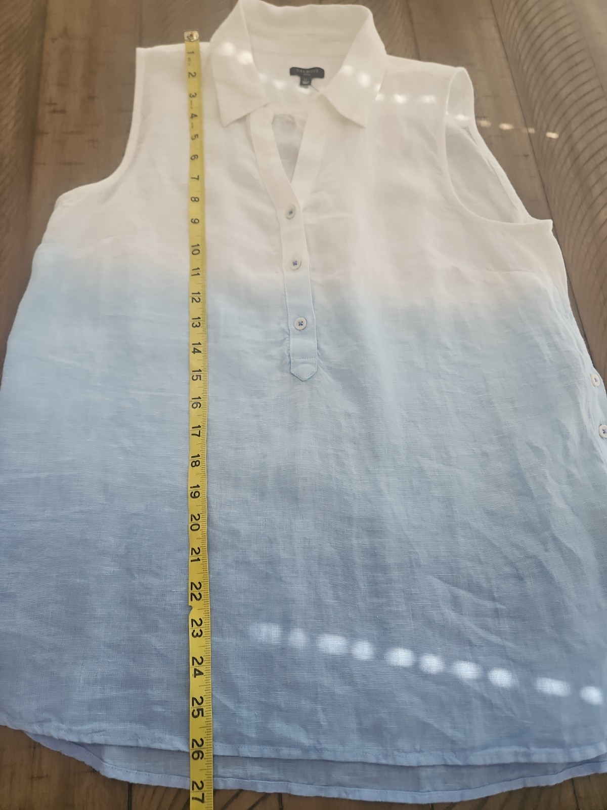 Talbots Popover Tunic Top LP Blue White Linen Side Button Dip Dye Coastal Beach