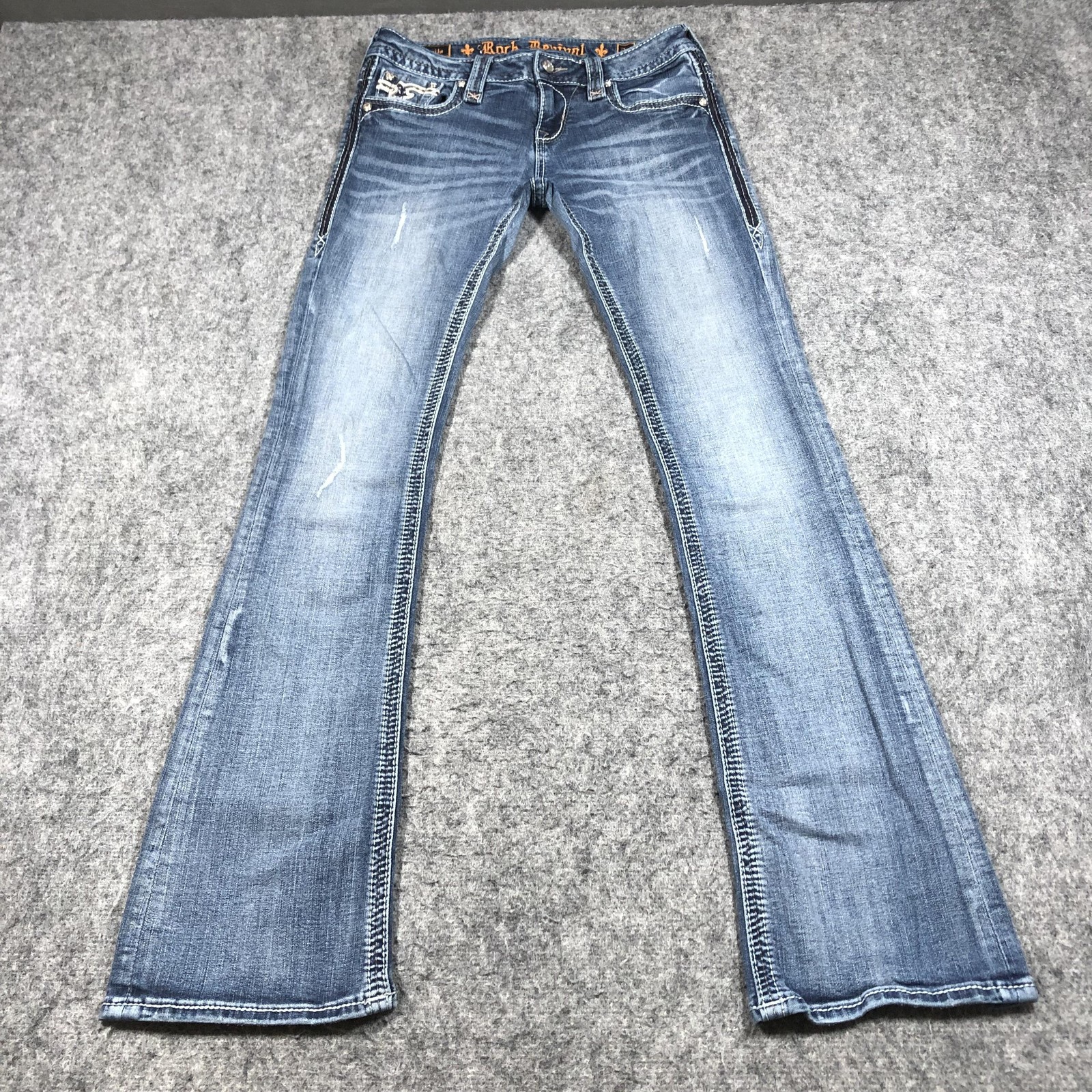 Rock Revival Manila Boot Jeans Womens 27 Medium Wash Low Rise Bootcut Rhinestone