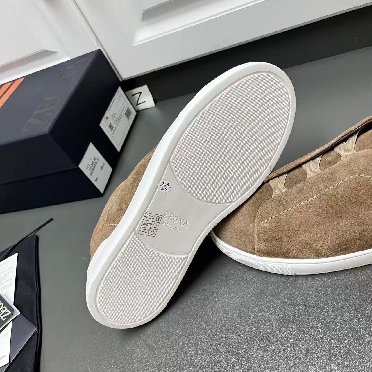 ZEGNA Triple Stitch Men’s Brown Suede Slip-On Sneakers White Sole Size 6-12