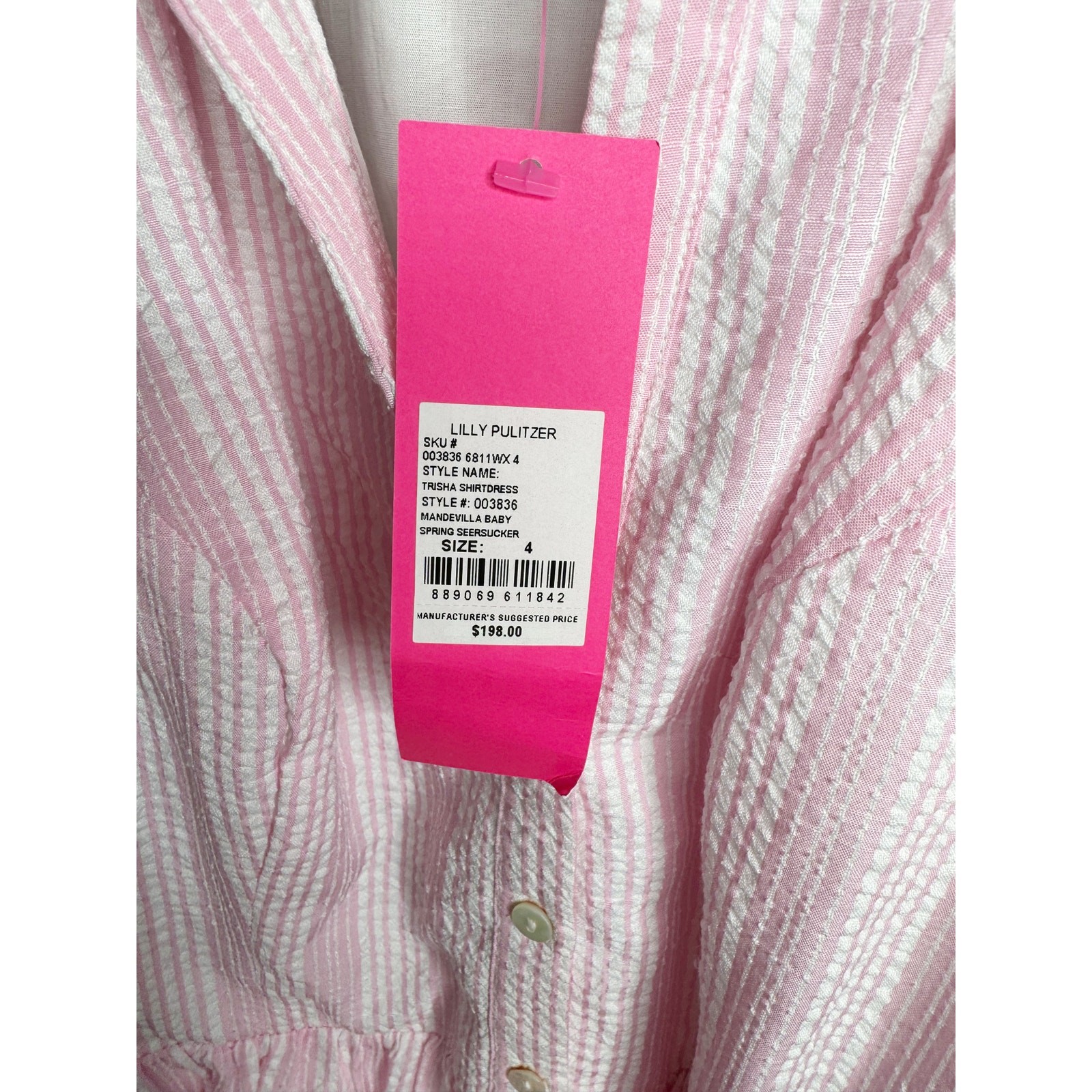 Lilly Pulitzer Trisha Shirt Dress Size 4 Pink White Seersucker Belted NWT