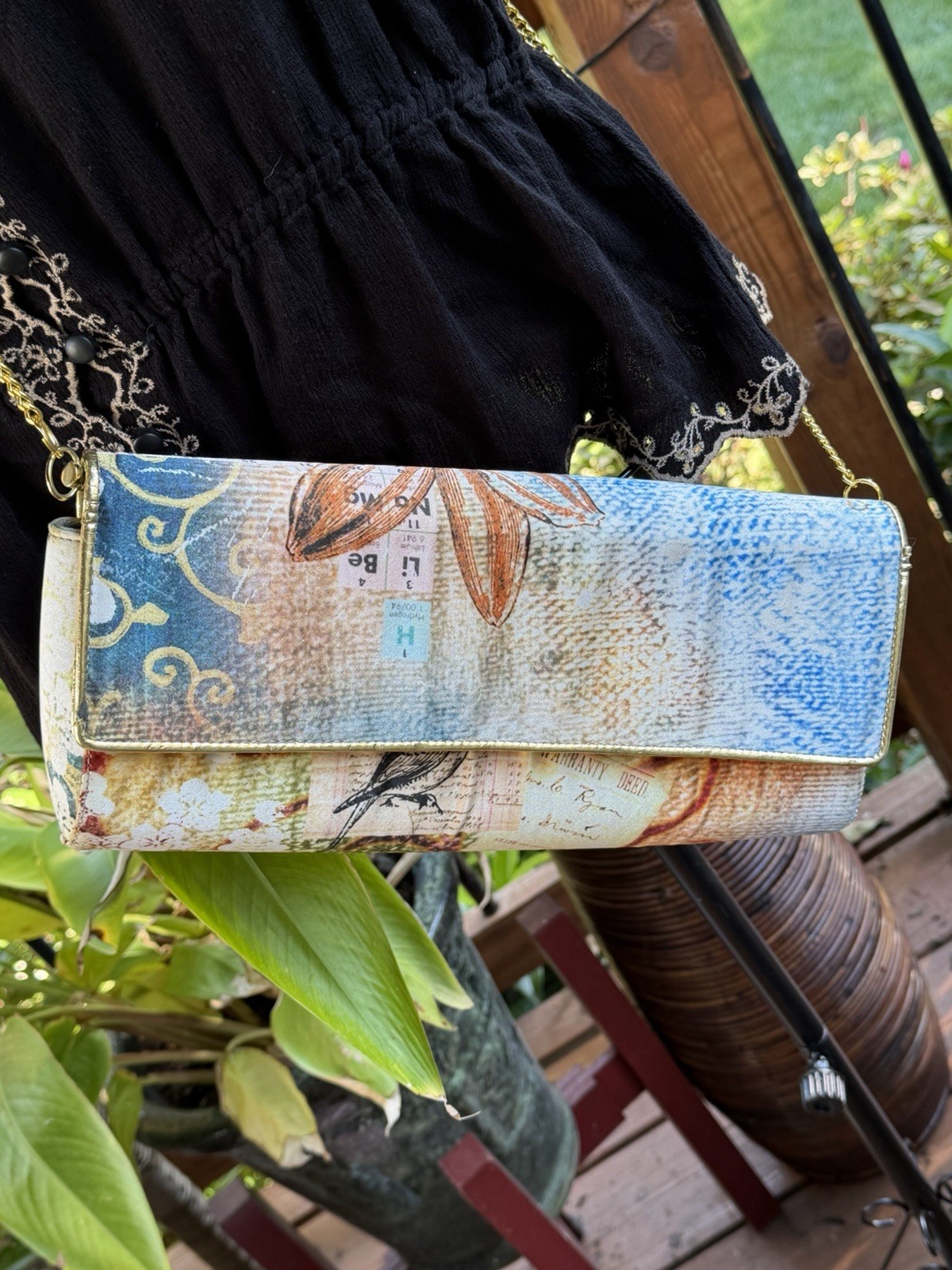 J. Renee Multicolor Floral Crossbody Flap Clutch Snap Close Gold Chain Strap