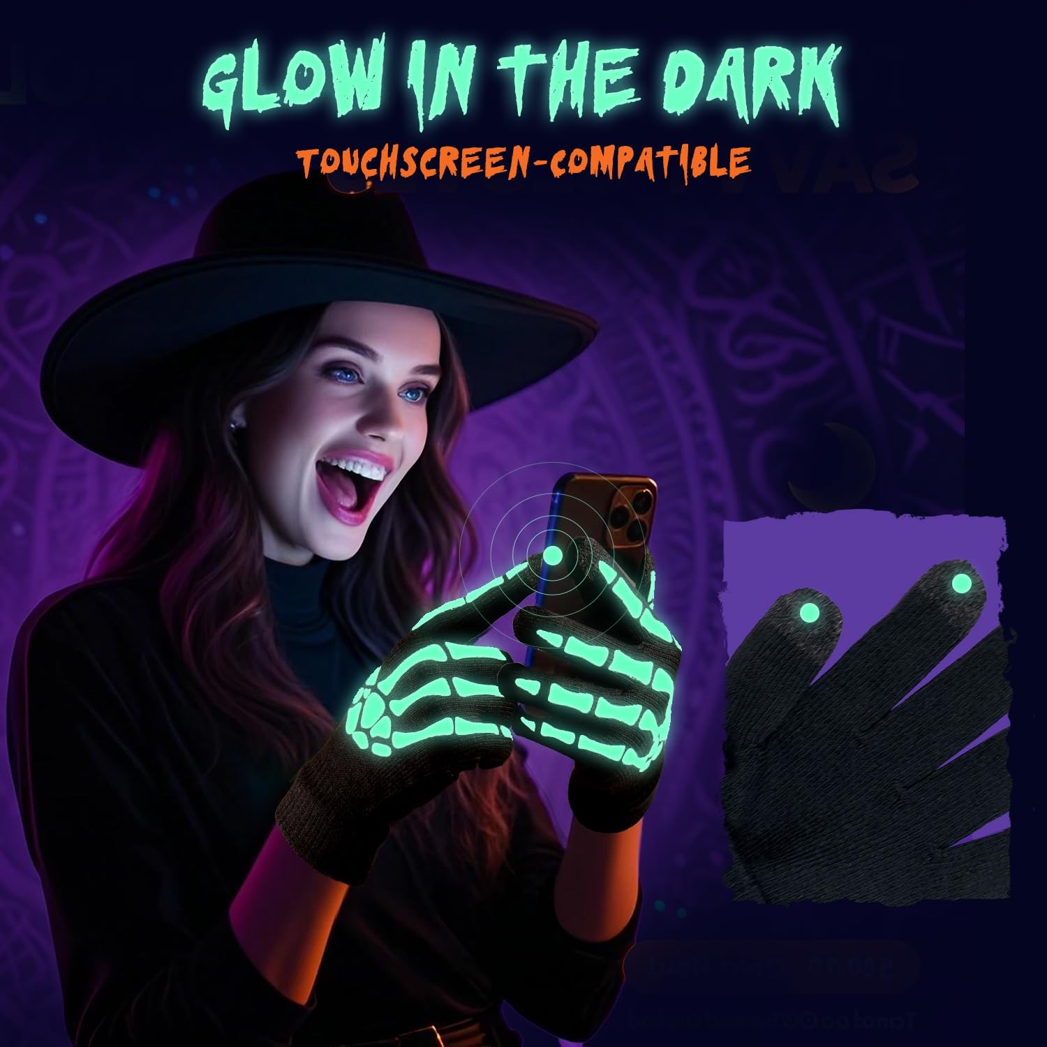 CROSSFINGERS Skeleton Gloves Glow in the Dark Large, Full Finger-adult