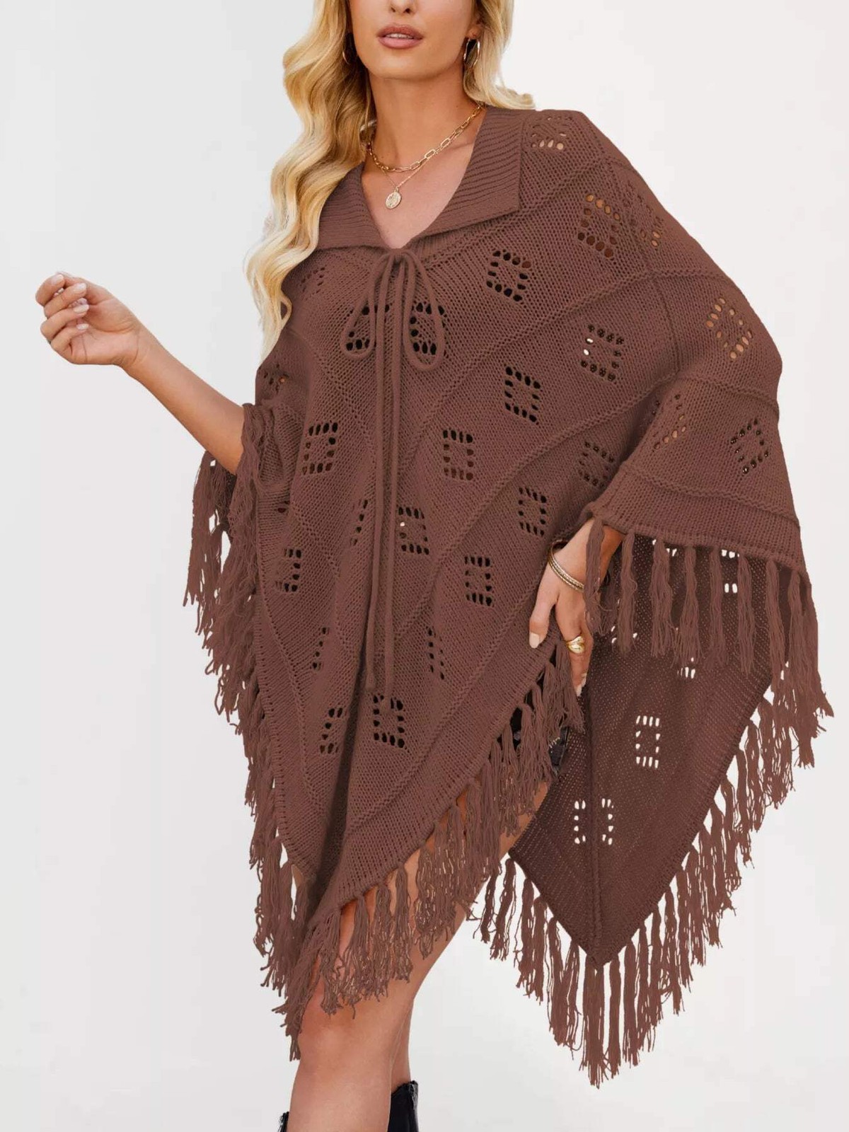 Women’s Fringe Tassel Tie Openwork Knit Boho Beach Cover Up Multi Colors S-XL