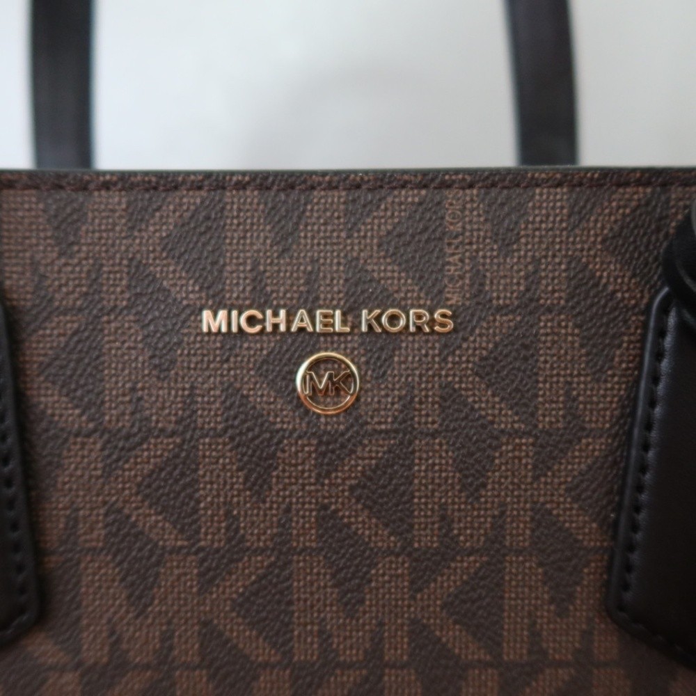 Michael Kors MK Monogram Tote Brown/Black Gold Hardware MK Charm Snap Pockets