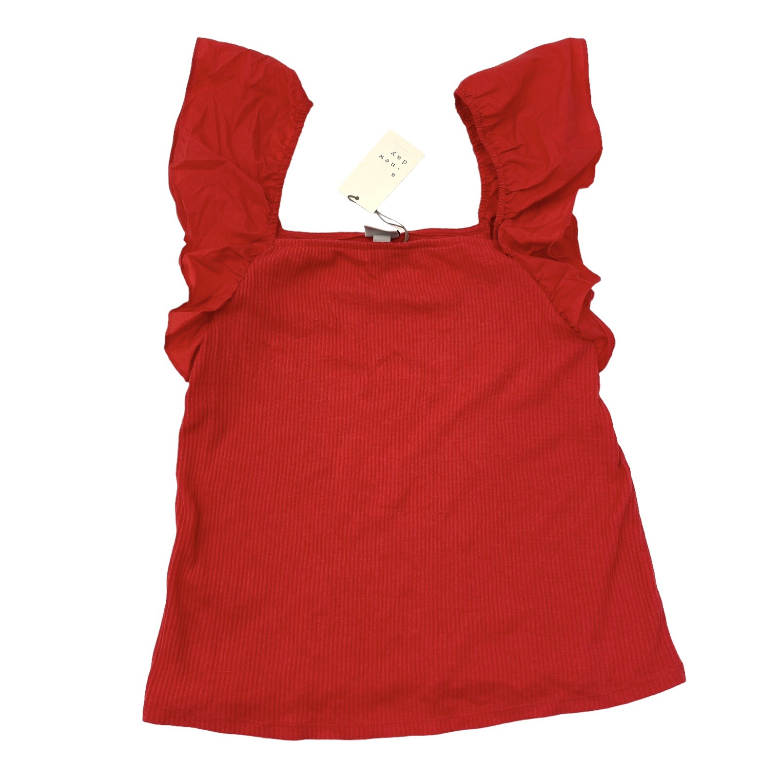 A New Day Womens Size L Ribbed Flutter Sleeve Top Rocker Red