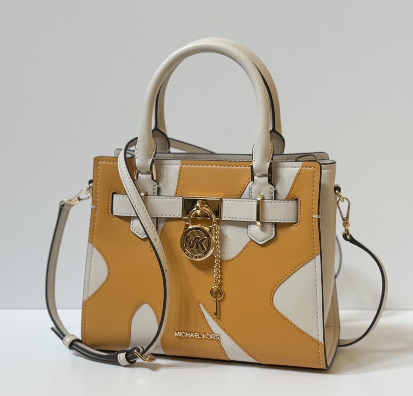 MICHAEL KORS HAMILTON SM SATCHEL SHOULDER BAG GRAPHIC LOGO GOLDEN ROD MULTI