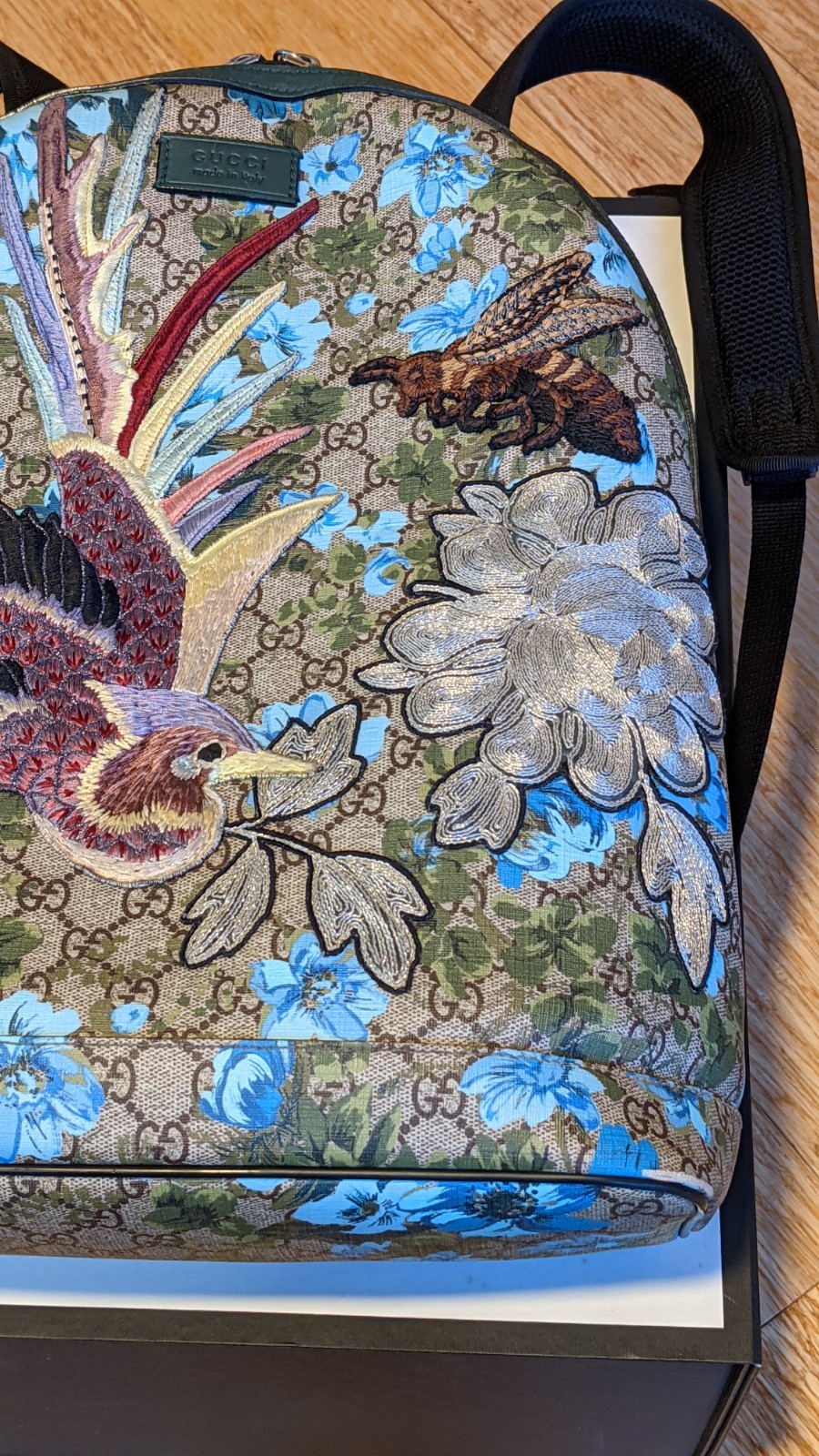 Gucci GG Blooms Backpack Bird Flower Supreme Beige Green (419584K)