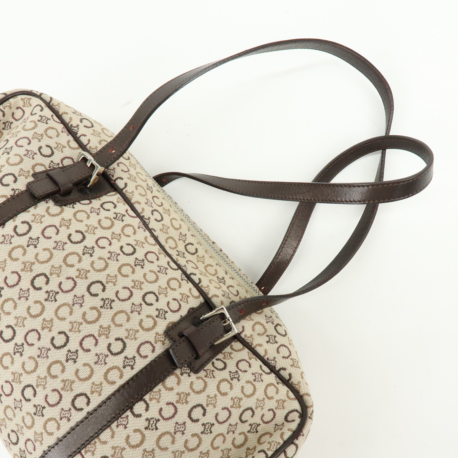 CELINE C Macadam Canvas Leather Hand Bag Boston Bag Beige Brown Auth Used F/S