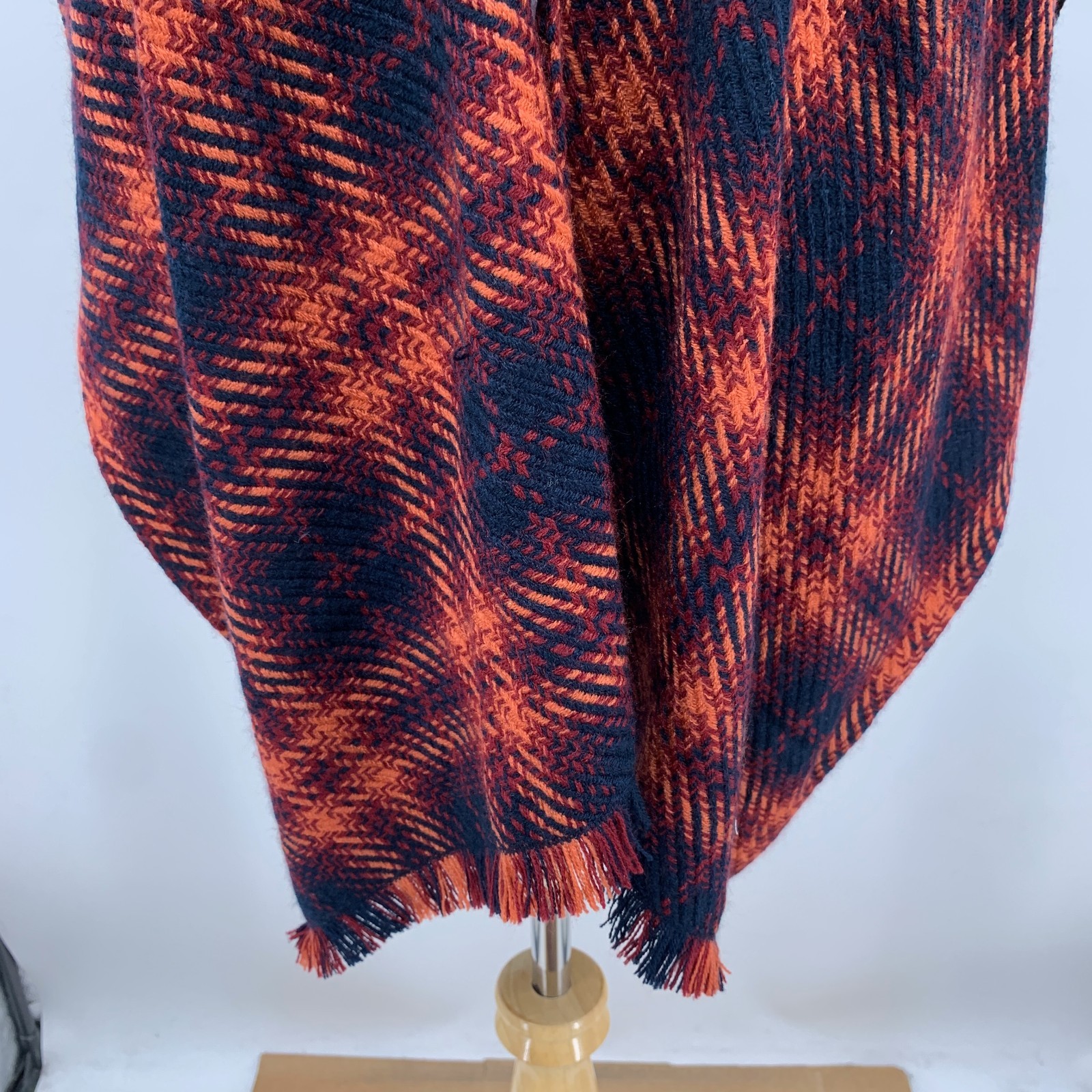 Loft Poncho Womens XS/S Multi Acrylic Plaid Fringe Hem Open Front Knit Wrap
