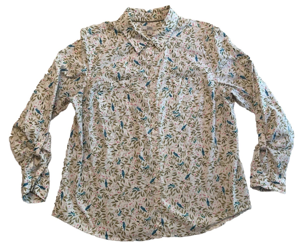 Croft & Barrow Women XL Bird Floral Roll Tab Sleeve Button Front Shirt Cotton