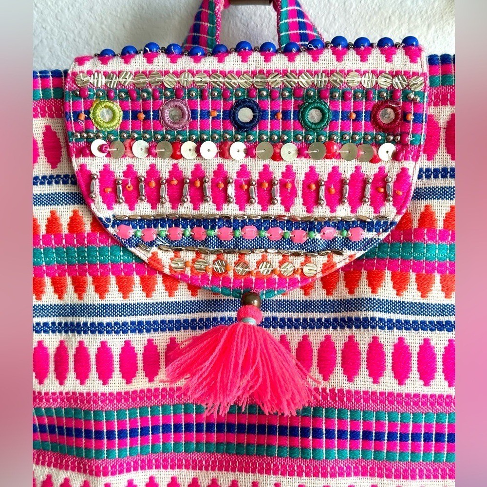 NEW Accessorize Hot Pink Embroidered Boho Woven Backpack Beaded Tassel