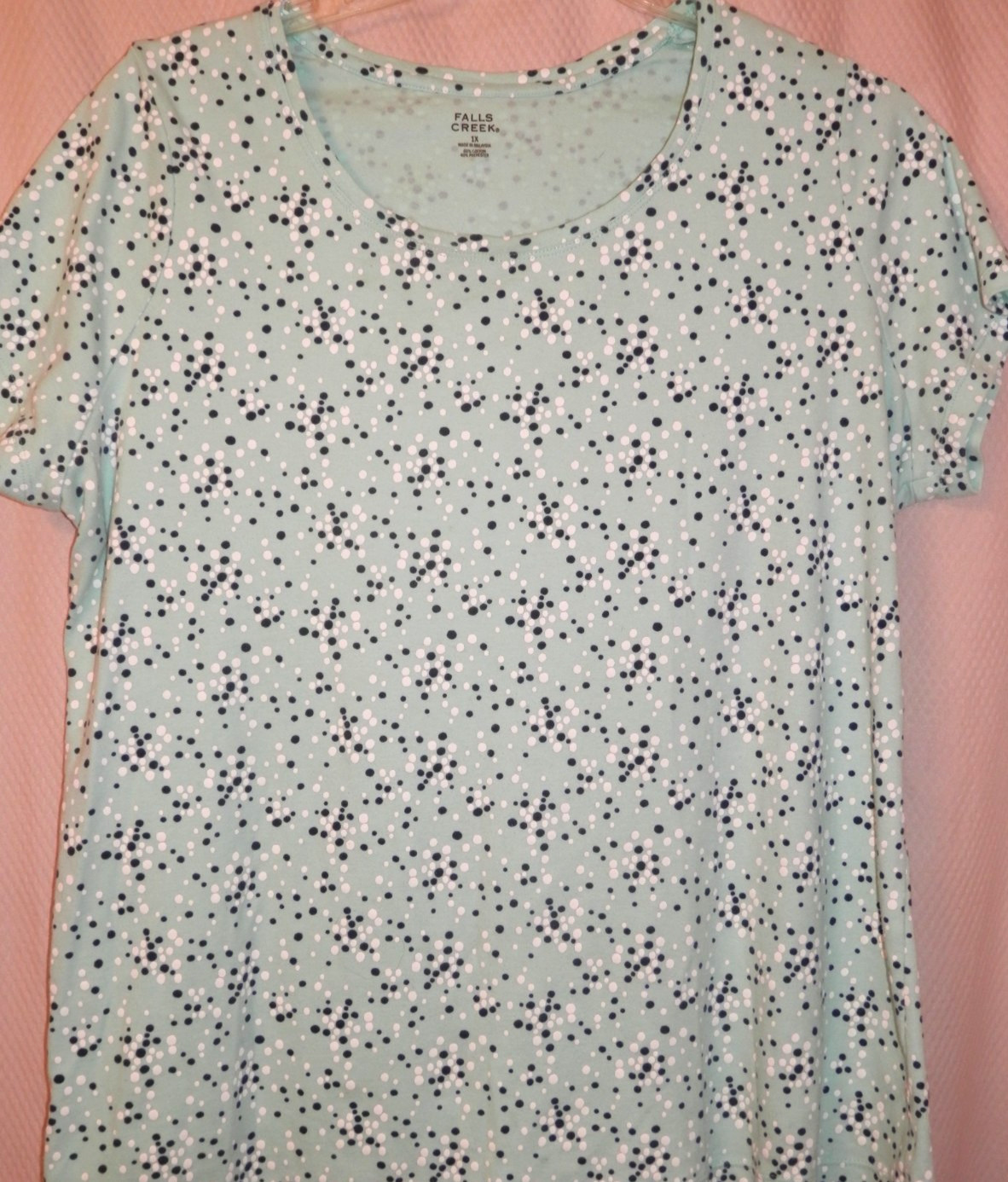Falls Creek Short Sleeve Cotton/Poly Knit Top Sz 1X Soft Green/White/Black Dot