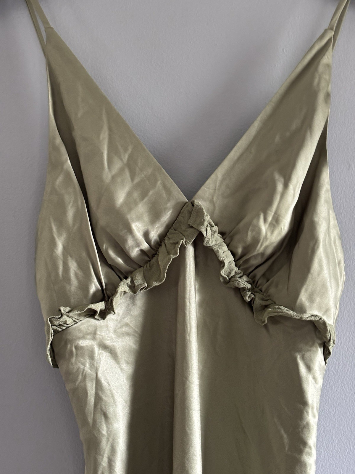 Reformation Madrigal Artichoke Green Satin Maxi Slip Dress Tie Strap Size M New