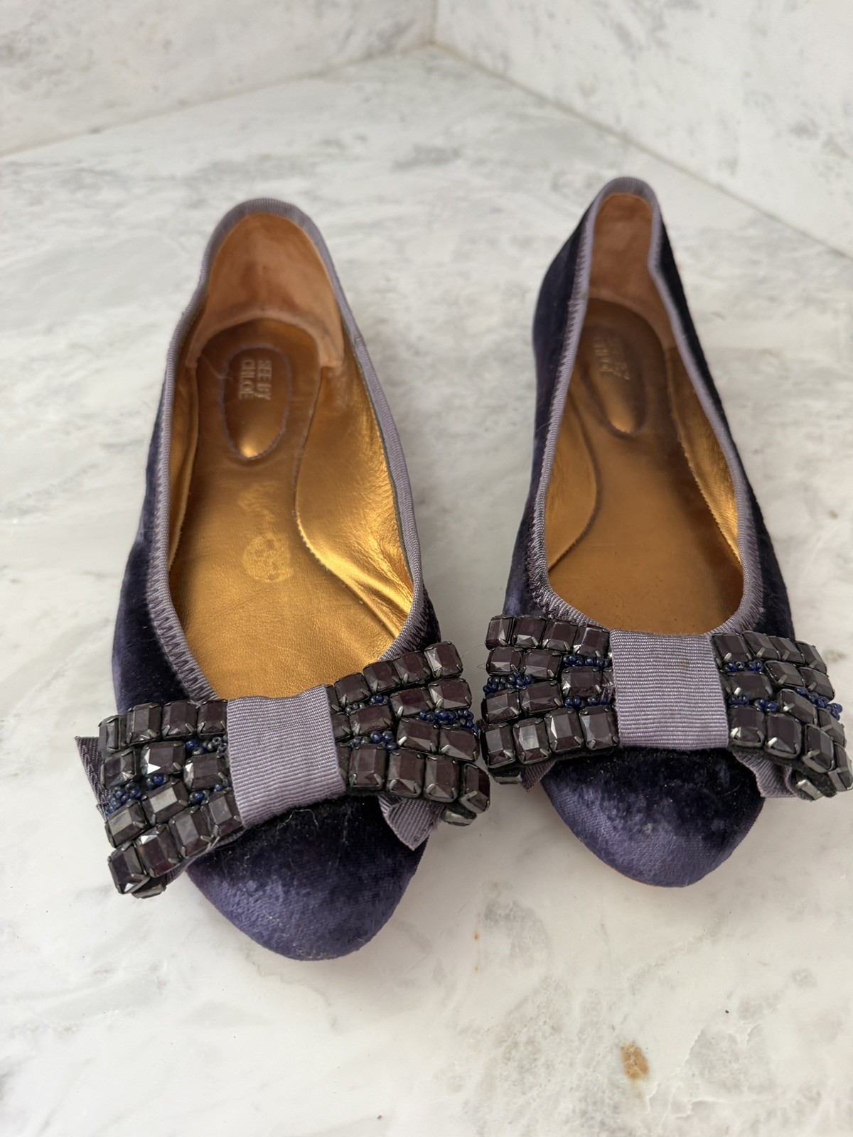 SEE BY CHLOE BALLET FLATS; VELVET W/ GLASS STONE BOW; Size 38.5; MADE IN ITALY