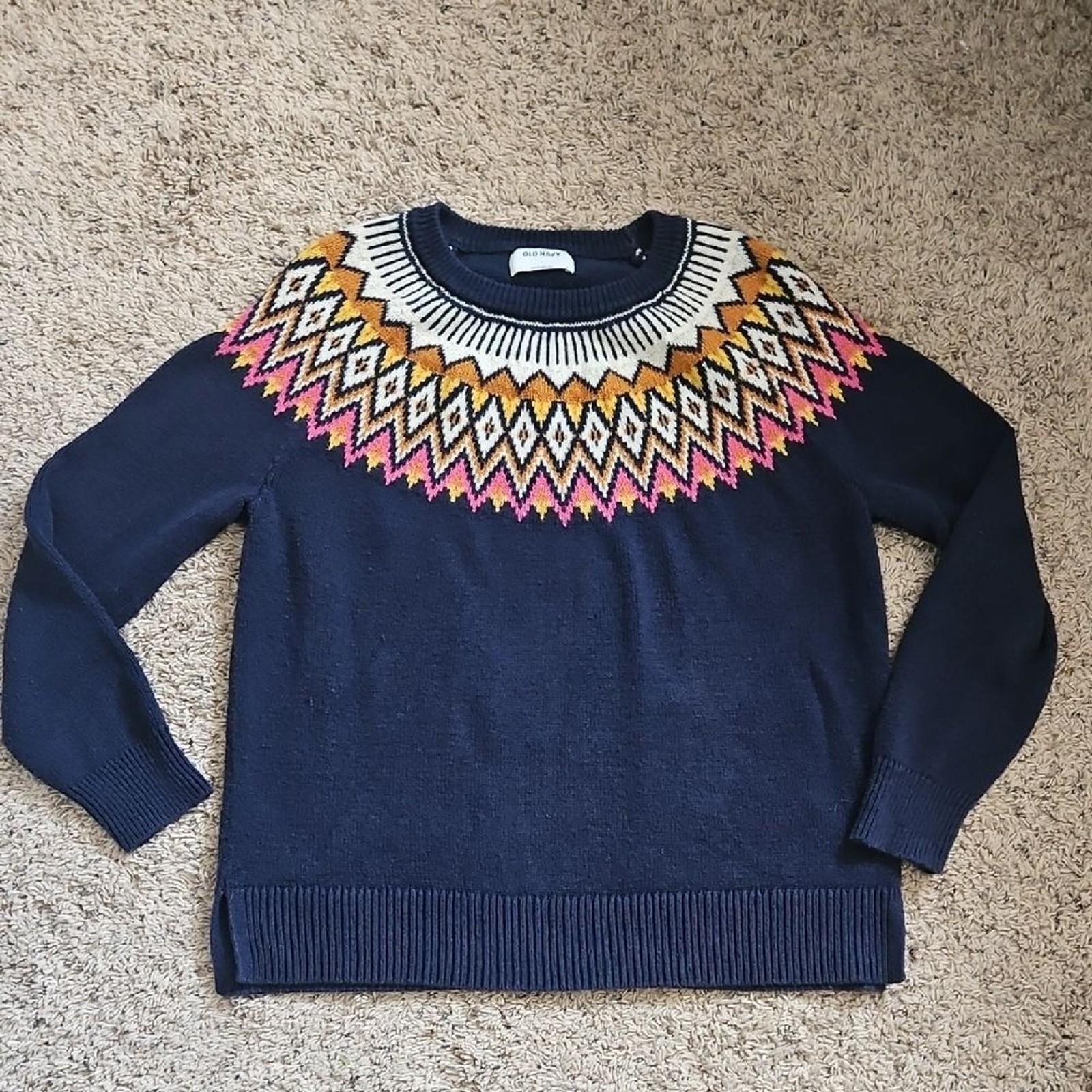 Old Navy Nordic Sweater Navy Blue Fair Isle Long Sleeves Knit – Size Large