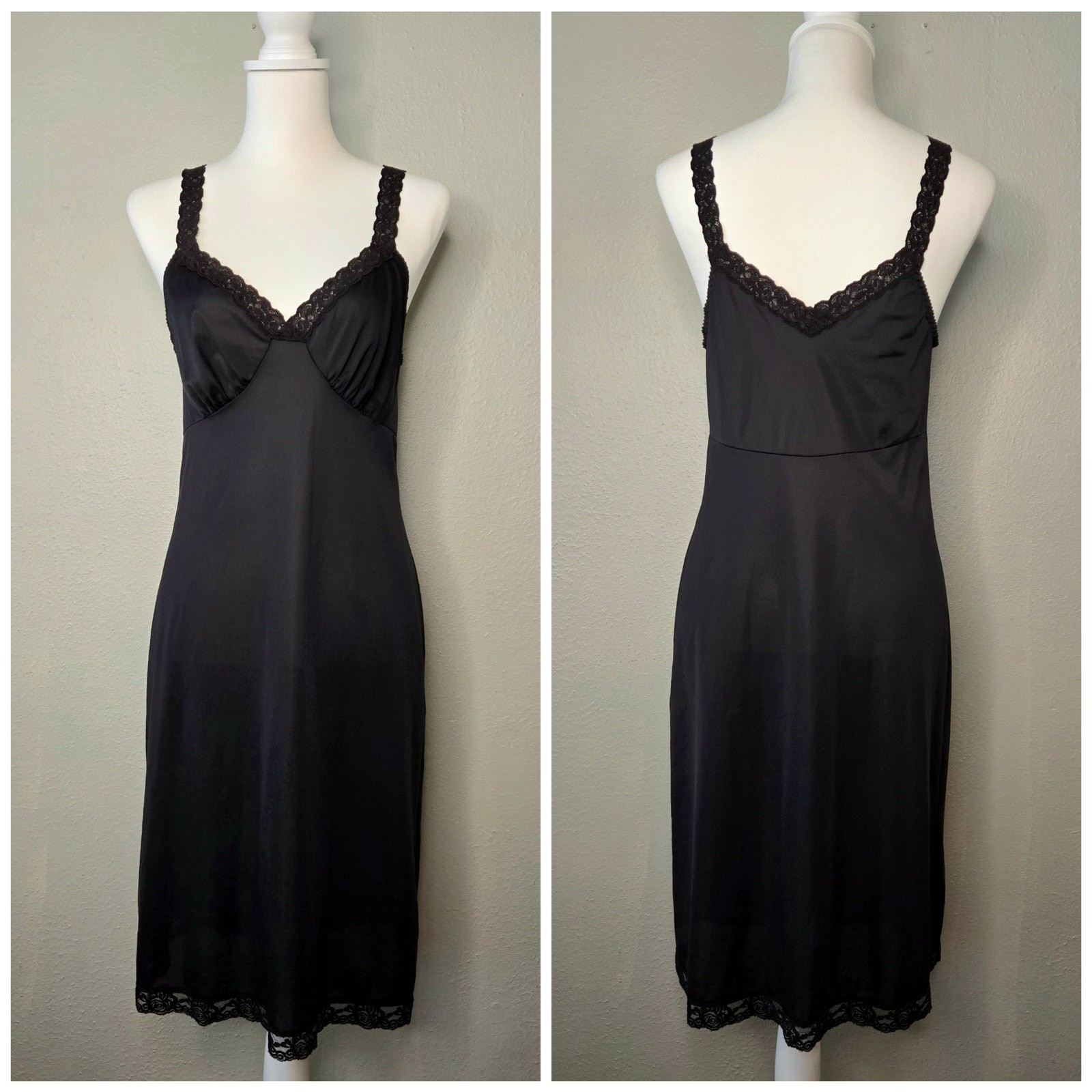 Vintage lingerie Slip Dress Size 34 Black Midi Lace Trim Nylon Fairy Grunge Goth