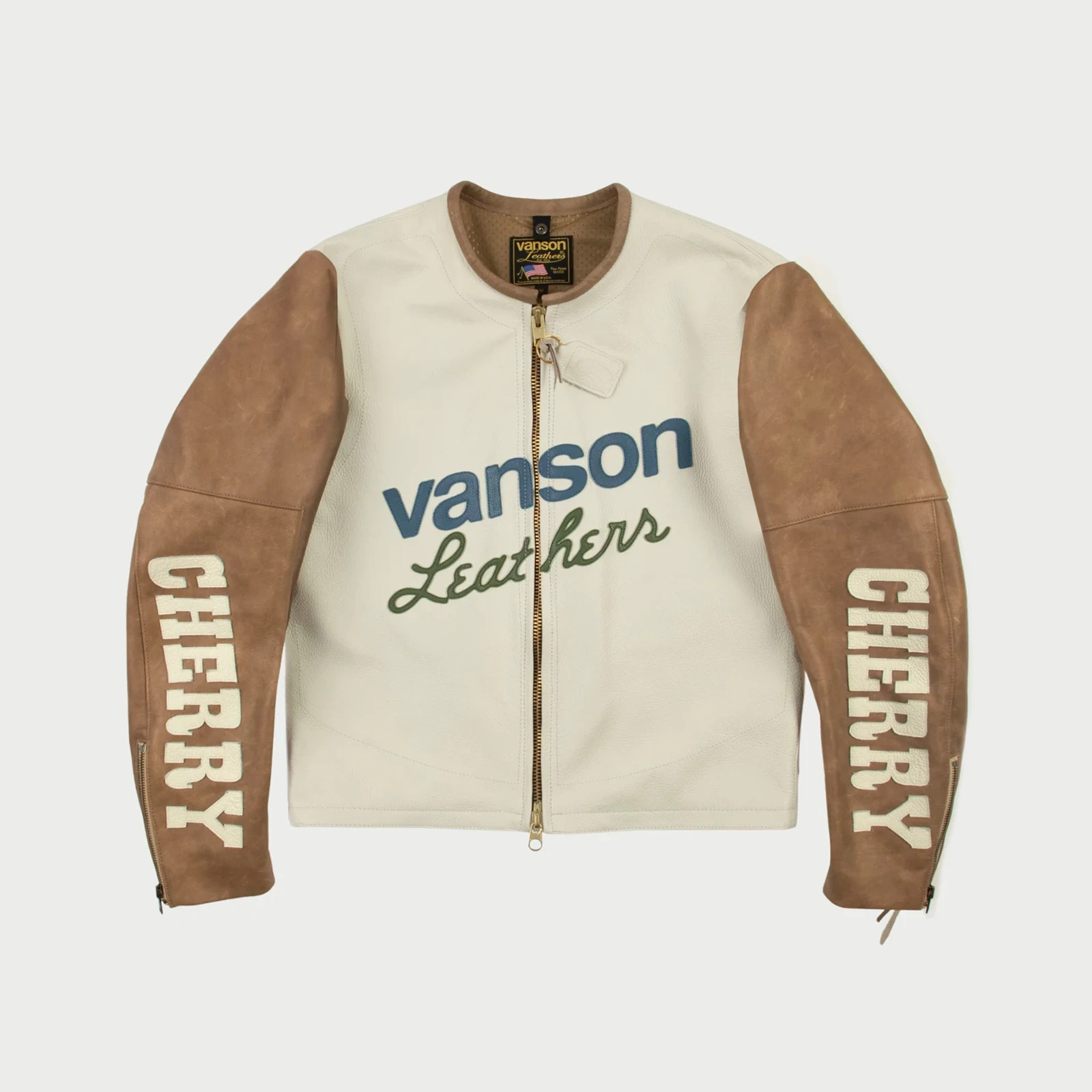 Che rry X Vans on Moto Star Leather Jacket USA White/Tan Motorcycle Fashion NYC